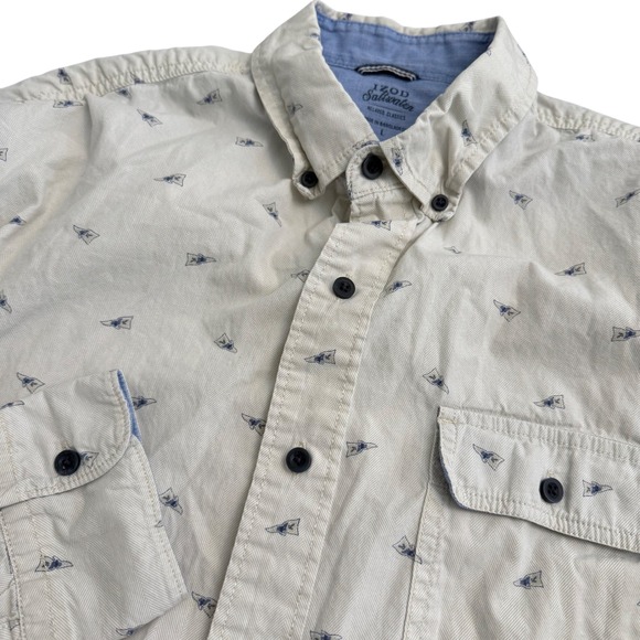 Izod Other - IZOD Saltwater Mens Large‎ Cream Herringbone Pennant Flag Button Down Shirt L